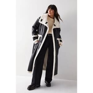 New Nasty Gal Longline Faux Leather Aviator Coat Jacket Black 4 Shearling
